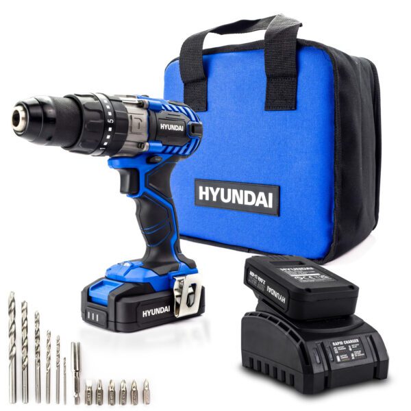 Hyundai 20V MAX Li-Ion Cordless Drill Driver with 13-Piece Drill Accessory Kit | HY2176