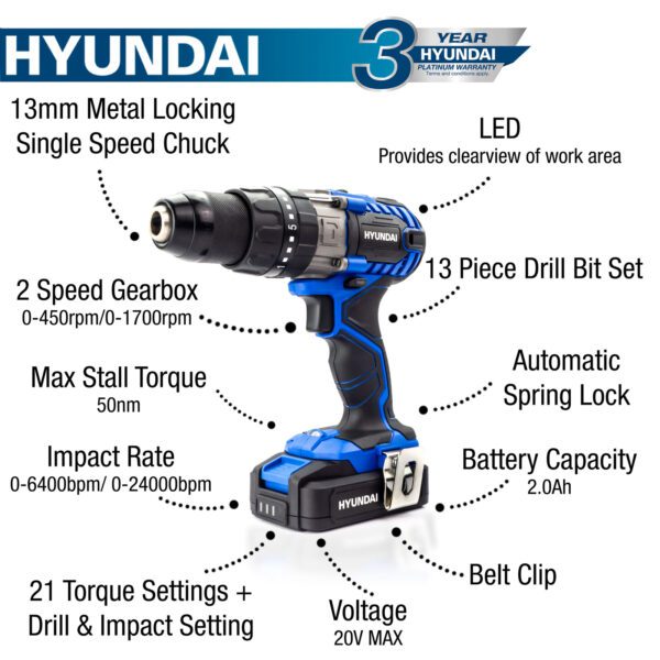 Hyundai 20V MAX Li-Ion Cordless Drill Driver with 13-Piece Drill Accessory Kit | HY2176 - Image 26