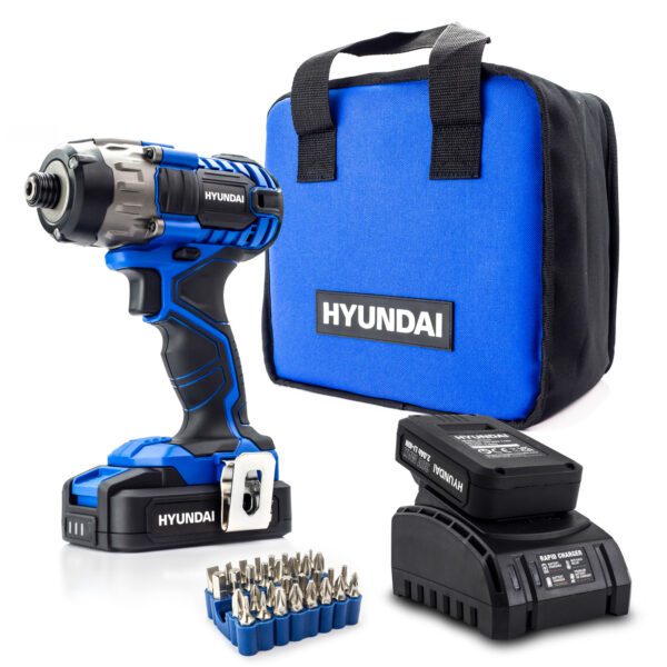 Hyundai 20V MAX 180Nm Li-Ion Cordless Impact Driver and 32-Piece Drill Bit Accessory Set | HY2177